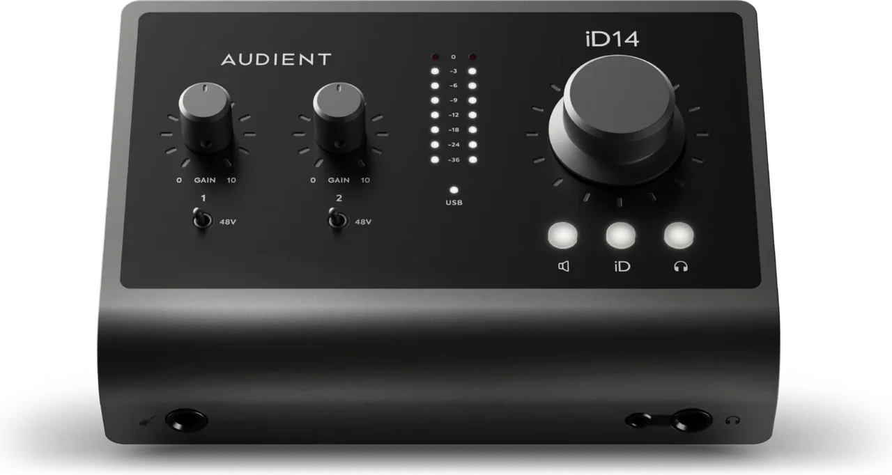 Audient iD14 MKII vista dall’alto e frontalmente