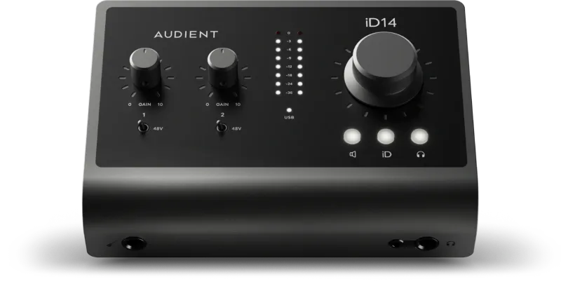 Audient iD14 MKII vista dall’alto e frontalmente