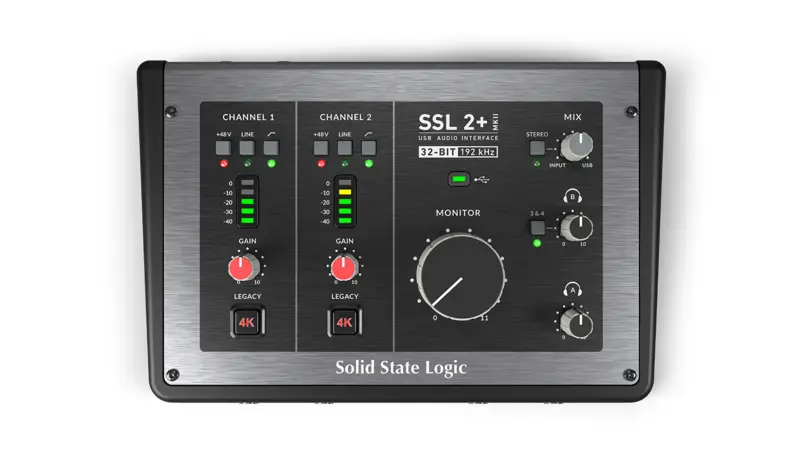 SSL 2+ MKII vista dall’alto con ingressi e controlli